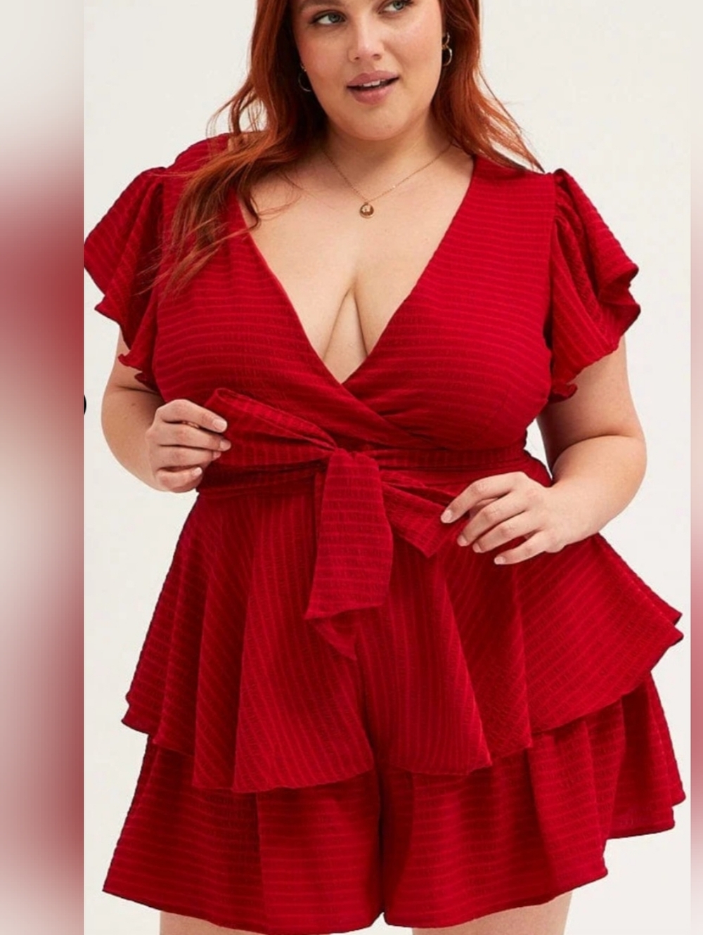 City Chic Red Tiered Romper with Tie Waist